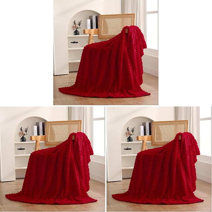 Puncuntex Red Throw Blanket 50"×60" inches Gifts for Mom Fuzzy 3D Jacquard Decorative (Pack of 3)