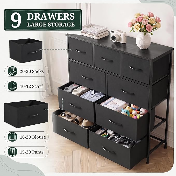 9-Drawer Dresser Anti-Tip Tall Storage Organizer | Chest of Drawers with Wooden Top and Metal Frame Fabric Bins for Bedroom, Closet, Hallway, Entryway, Ink Black