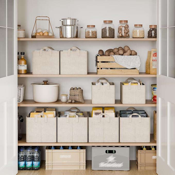 StorageWorks Storage Bins, Fabric Storage Bins for Shelves, Extra Large Storage Baskets with Metal Frame, Closet Baskets and Bins with Handles, Jumbo, Khaki and Beige Stripes, 2-Pack | Extra Large, With Reinforced Handles, Metal Frame, Collapsible, Bas...