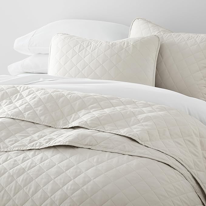 Merit Linens Modern Quilt Coverlet Soft Set in Diamond Stitching - Full/Queen Natural