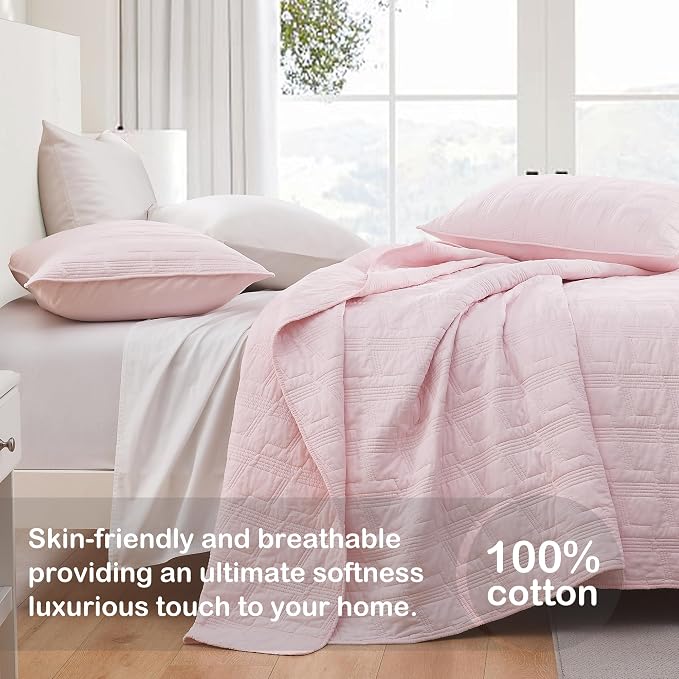 HORIMOTE HOME 100% Cotton Quilt Set Twin Size, Light Pink Pre-Washed 2PS Bedspread Coverlet Set, Cozy Lightweight Stitching Decorative Bedding Cover with 1 Shams in Geometric Pattern for All Season