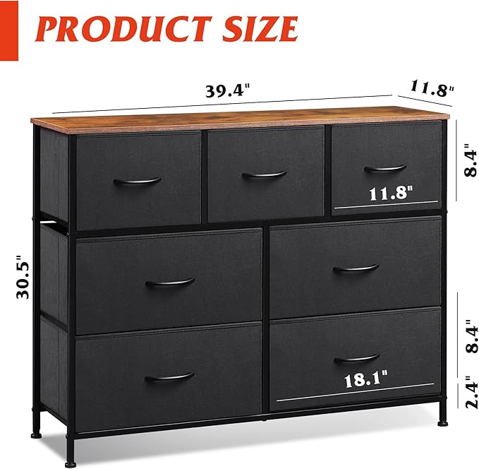 WLIVE Dresser for Bedroom, 7 Drawers, TV Stand, Rustic Brown | 7 roomy fabric drawers, Fits TVs up to 45 inch, Bedroom or living room, Wide storage design, Chest of drawers