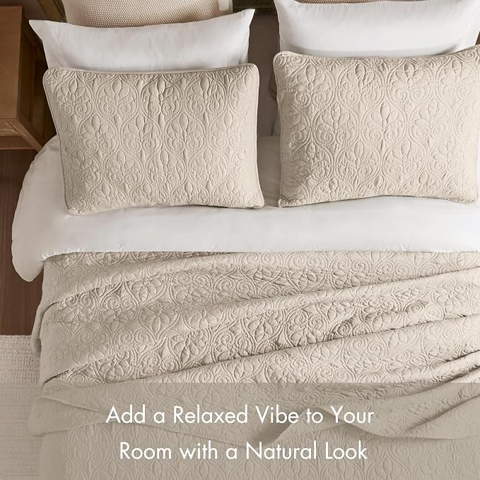 Madison Park Quebec Full Size Quilt Bedding Set - Ivory , Damask – 3 Piece Bedding Quilt Coverlets – Ultra Soft Microfiber Bed Quilts Quilted Coverlet | All Season Quilted Coverlet, Classic Stitch Pattern Bedspread & Shams, Ultra Soft Microfiber Bedspr...