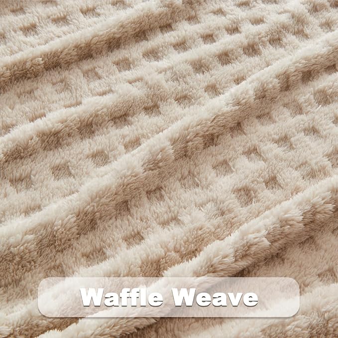 NEWCOSPLAY 3D Waffle Checkered Flannel Twin Blanket, Linen, 60"x80" | Super Soft Cute Lightweight Decorative Premium Silky Fleece Blanket for Couch Sofa Bed, Gift for Women Men, All Season Use