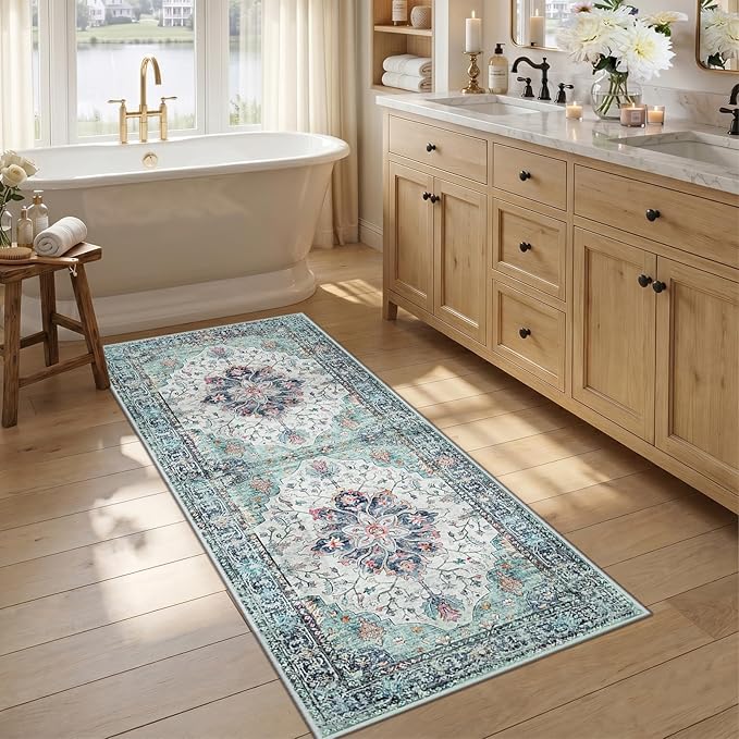 RELEANY Washable Area Rug, Runner 2'6"x5', Teal Green/White/Navy | Non-Slip, Water Repellent, Pet Friendly, Easy to Clean, Vintage Floral Boho Decor for Kitchen Entry Bedroom Bedside Laundry
