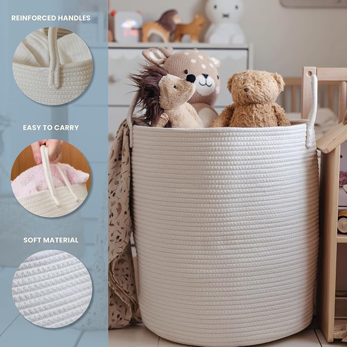 OrganiHaus Tall Cotton Rope Laundry Basket & Hamper, Blanket Storage 52L | Full Off-White - Tall Cotton Rope Hamper, 52L
