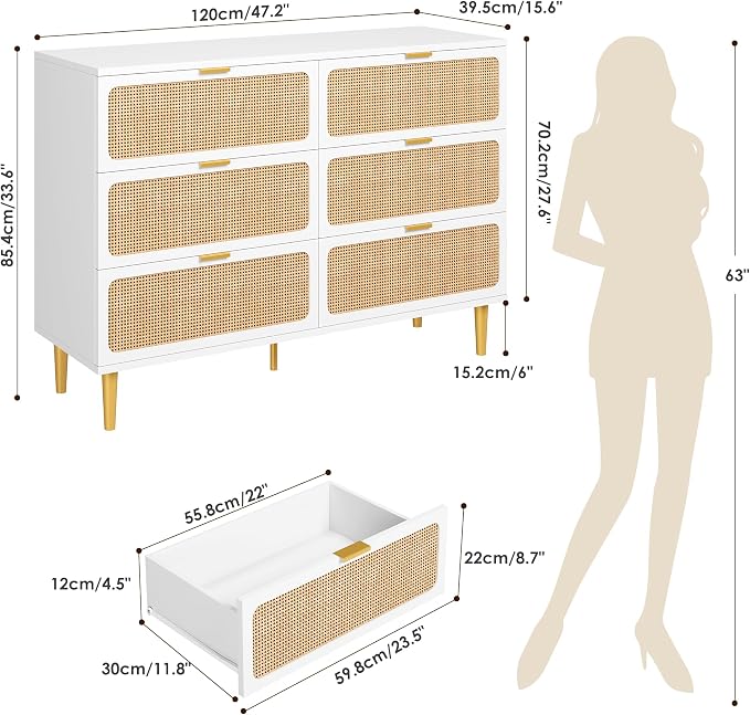 GarveeHome Rattan 6 Drawer Dressers for Bedroom, Deep Drawer, White | Tall Dresser, Wide Top, for Living Room, Hallway, Kids Room, Large Chest of Drawers for Closet, Long Wooden Dresser