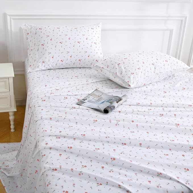 Softan Pink Flower Sheets for King Size Bed - 4 Piece Microfiber Floral Sheet Set with 15" Deep Pocket, Cute Pink Spring Flower Sheets and Pillowcase Set