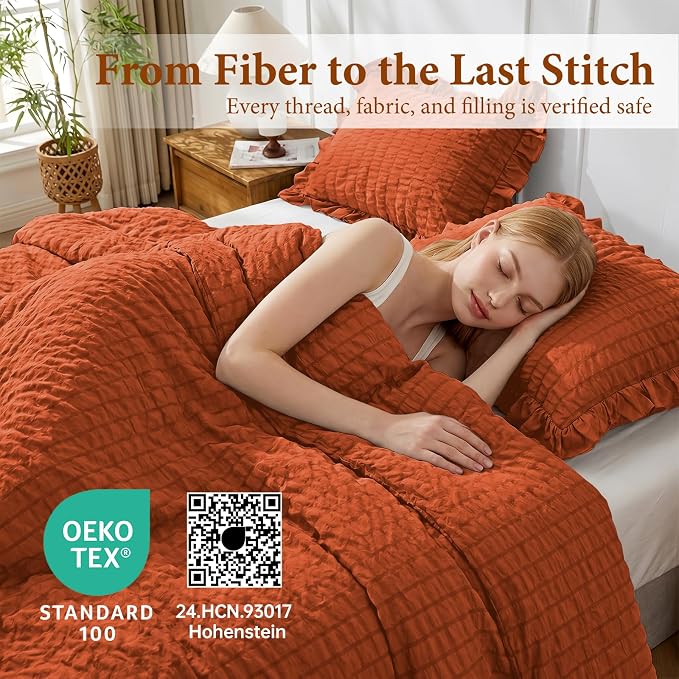 JOLLYVOGUE Burnt Orange Comforter Full Size, 3 Pieces Seersucker Lightweight Full Size Bedding, All Season Fluffy Microfiber Bedding Comforter Set with 1 Ruffle Comforter and 2 Ruffle Pillowshams
