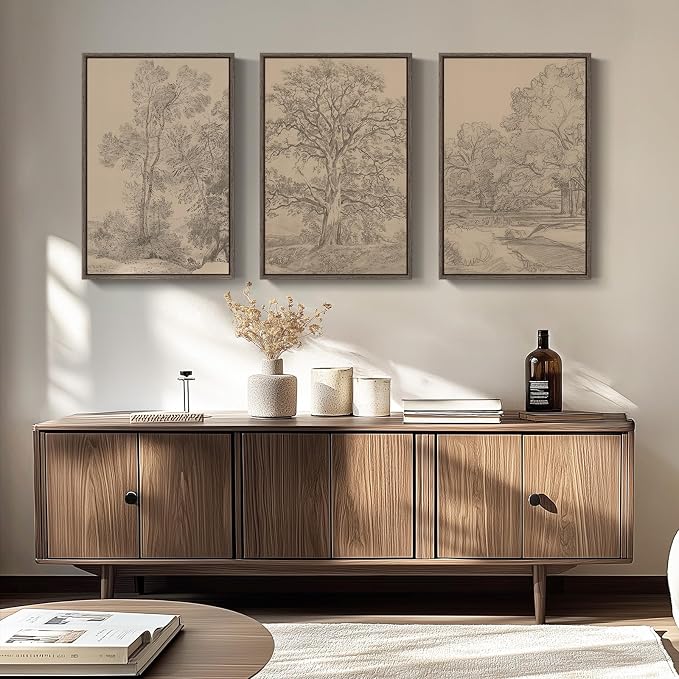 Large Framed Vintage Neutral Tree Sketch Wall Art for Living Room, 20x30 In | 3 piece, Rustic, Retro, Rustic, Canvas artwork, Nature print, Antique, Dining room wall decor, Ready to hang, Wood frame