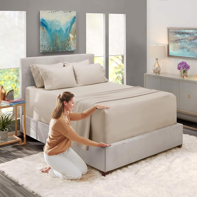 Hearth & Harbor Bed Sheets, Luxury Soft 6 Piece Bed Sheet Set Extra Deep Pocket Fitted Sheets Fits Mattress up to 21", Double Brushed Bedding Sheets & Pillowcases, Full, Natrual Linen
