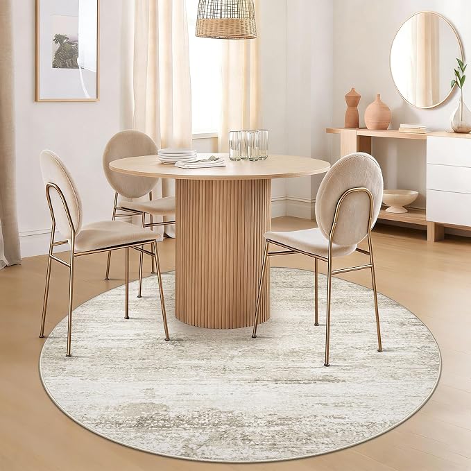 Washable Round Rug 4ft for Bedroom: Circle Neutral Soft Rug Abstract Non Slip Low Pile Modern Area Rugs for Living Room Nursery Office Dining Kids Boys Girls Room Farmhouse Dorm (Beige, 4' Round)