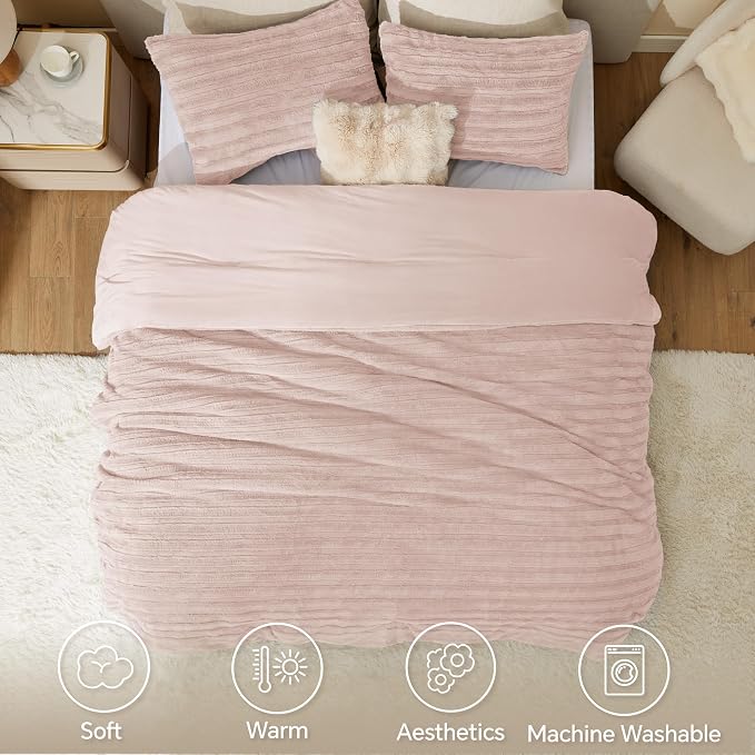 BEDELITE Faux Fur King Size Comforter Set, Fluffy Bed Set, Pink | Super Soft & Warm, Luxury Fuzzy Cozy Comforter for Winter, Heavy Plush Bed set, with 2 Pillowcases