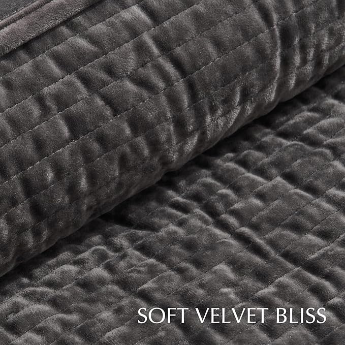 EverGrace Striped Channel Velvet Quilt Set, King Size, Washed Black | Luxurious Soft Lightweight Velvet Comforter, Oversized Bedspread Coverlet, Quilted Bedding Set for All Season, with 2 Shams