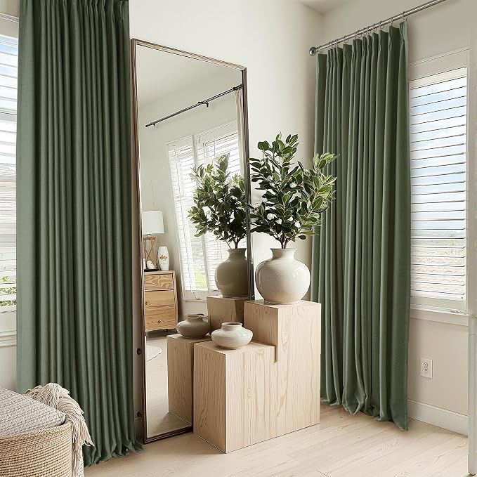 RYB HOME Linen Blackout Curtains 96 inches Long, 100% Blackout Noise Reducing Thermal Insulated Natural Textured Curtains for Farmhouse Dining Room, Olive Green, 40" W x L96 L, 2 Panels Set