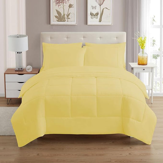 Sweet Home Collection 7 Piece Comforter Set Bag Solid Color All Season Soft Down Alternative Blanket & Luxurious Microfiber Bed Sheets, Yellow, Twin XL