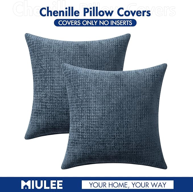 MIULEE Decorative Lumbar Throw Pillow Covers 12x20 Coastal Navy Blue 2 Pack | Modern Boho Accent, Soft Chenille Pillow Covers, Farmhouse Cushion Cases for Couch Bed Sofa Living Room Home Decor