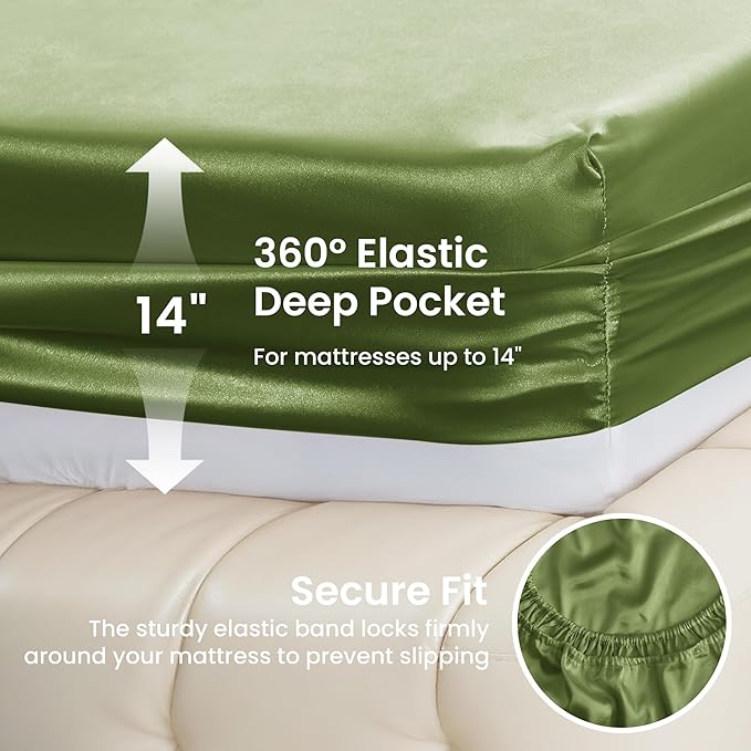 Love's cabin Twin XL Satin Sheet Sets - 3 Piece Sage Silky Bed Sheets with Deep Pockets, Luxury Silk Feel Satin Sheet Set Twin XL (1 Flat Sheet,1 Fitted Sheet,1 Pillow case)