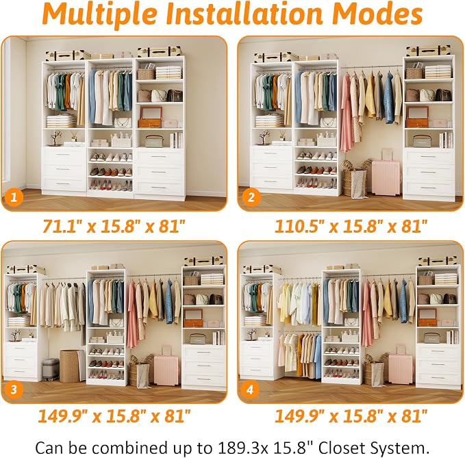 Closet System with 3 Sets, 6–15 FT Closet Organizer System with 6 Drawers, 9 Shelves & 5 Rods, Walk-In Modular Closet System, Custom Built-In Closet Kit, White