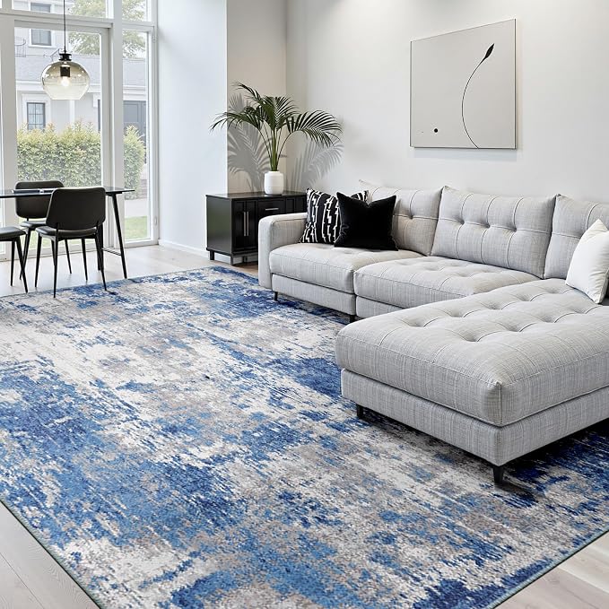 RELEANY Washable 6'x8' Abstract Area Rug for Living Room Blue Gray | Carpet for Bedroom, Kitchen, Office, Hallway and Entryway, Printed Pattern, Non‑Slip, Soft, Stain‑Resistant, Easy to Clean