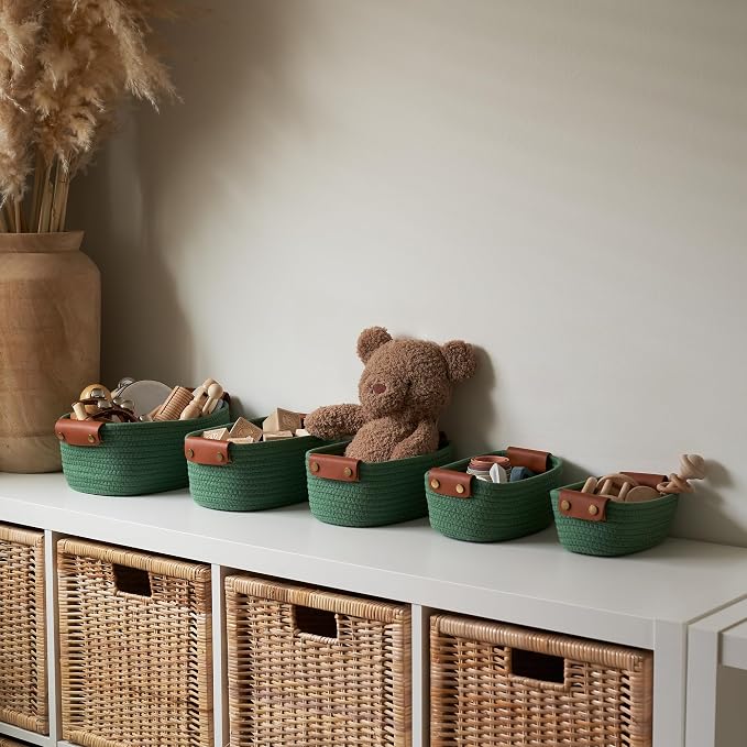 Beautiful Storage Basket Set of 5 - Sturdy Cotton Rope Baskets for Shelves | Perfect for Organizing Your Home - Quality Storage Bins Easily Fit with Any Nursery or Bedroom Decor