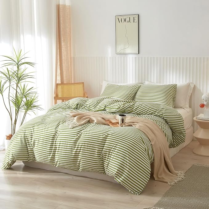 Striped Comforter Set Queen Size 3 Pieces Lightweight Striped Bedding Comforter Set Green White Stripes Pattern Farmhouse Bed Set Soft Fluffy Comforter with 2 Pillowcases for All Seasons Queen Size