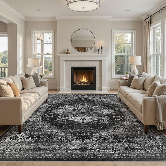 UERMEI 10x12 Area Rug Living Room Rugs - Washable Vintage Soft Large Rug Indoor Floor No Slip Rug Carpet for Bedroom Farmhouse Under Dining Table Home Office Decor - Black