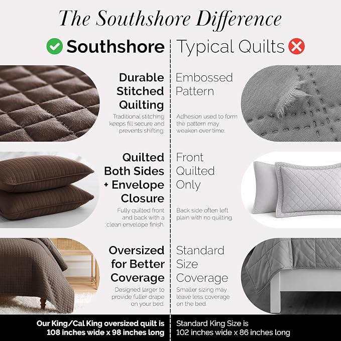 Southshore Fine Living, Inc. Oversized King Quilt Bedding Set, Soft Brushed Microfiber Bedspread, Pet Hair Resistant Bedding, California/King Quilt Coverlet Set with 2 Shams, Chocolate Brown