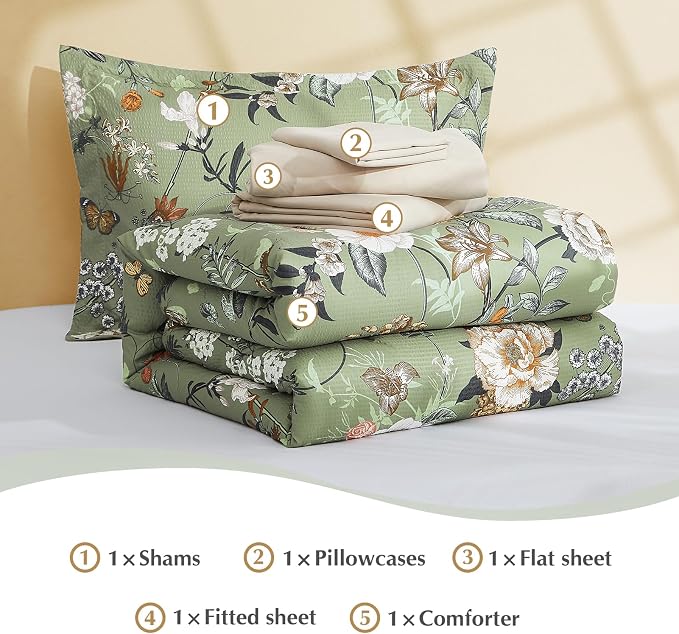 Twin XL Comforter Set- 5 Pieces Green Floral Bed in a Bag Twin Bedding Sets | All Season Botanical Flowers Comforter Set with Sheets, Pillowcases & Shams