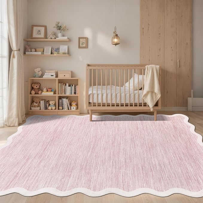 GarveeHome Scalloped Washable Area Rug 4x6 Entryway Rug Non Slip, Pink | Modern Abstract Soft Accent Rugs for Bedroom Nursery Low Pile Stain Resistant Carpet for Office