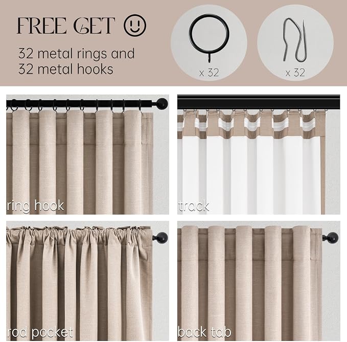 90 inch long linen Blackout curtains 2 Panels 100% Black out Linen texture Curtain Window Drapes with Back Tab Rod Pocket Light Blocking Thermal Insulated Curtains for Bedroom Living Room Beige