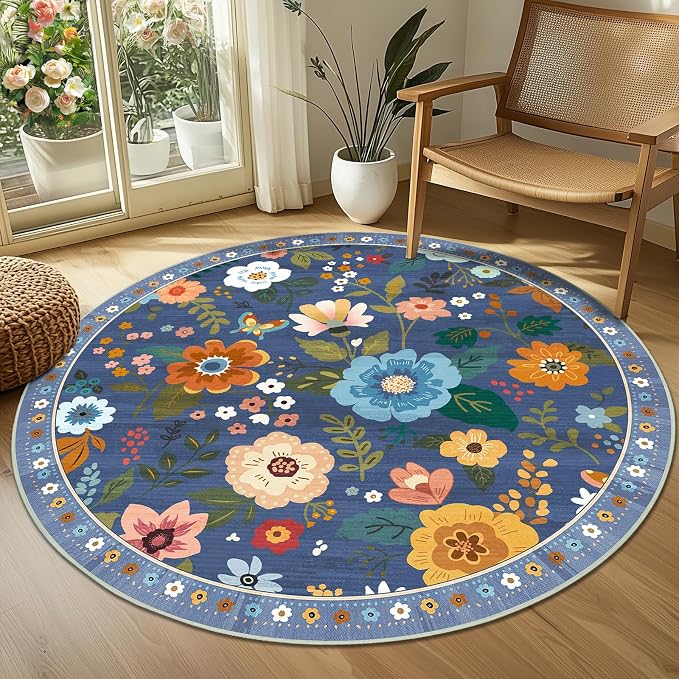RELEANY Floral Washable Round 6ft Area Rug Blue/Grey | Flower Carpet, Print, Boho, Non-Slip, Easy to Clean, Soft, Low Pile for Living Room Bedroom Kitchen Office Entryway Hallway