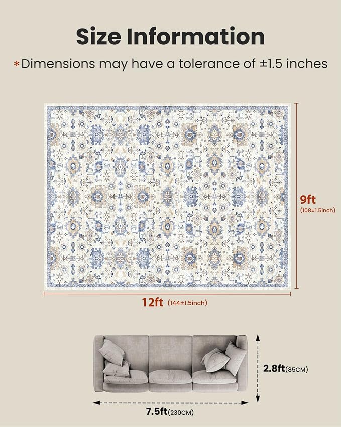 AMADA HOMEFURNISHING 9x12 Washable Area Rug, Low-Profile Large Area Rug with Non-Slip Backing & Durable Edge Binding, Vintage Large Rugs for Living Room, Bedroom & Dining Room