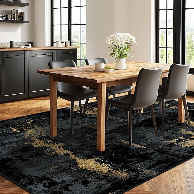 RELEANY Washable 10'x12' Abstract Area Rug for Living Room Black Gold | Carpet for Bedroom, Kitchen, Office, Hallway and Entryway, Printed Pattern, Non‑Slip, Soft, Stain‑Resistant, Easy to Clean