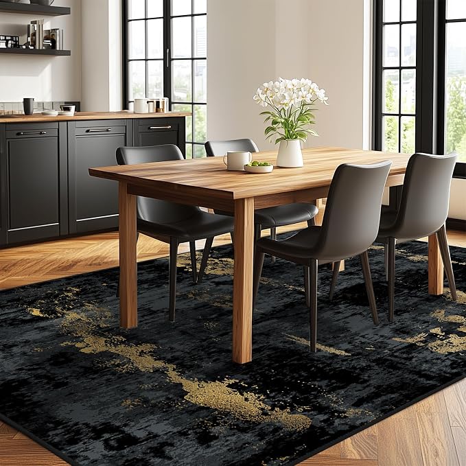 RELEANY Washable 5'x8' Abstract Area Rug for Living Room Black Gold | Carpet for Bedroom, Kitchen, Office, Hallway and Entryway, Printed Pattern, Non‑Slip, Soft, Stain‑Resistant, Easy to Clean