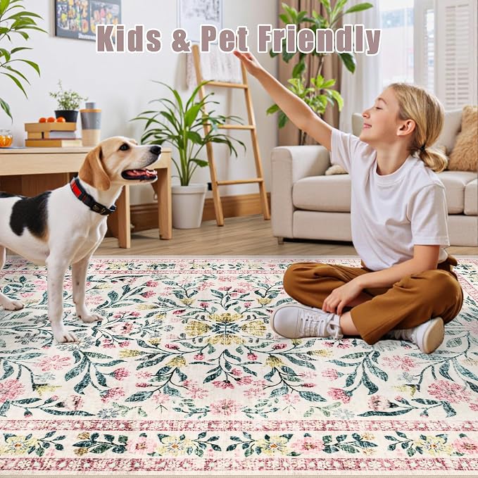 PLHXFR 2.6x14 Washable Runner Rug：Floral Indoor Kitchen Carpet Pink Green | For Hallway Bedroom Kitchen Laundry Bathroom Dorm,Vintage Floral,Machine washable,Non Slip,Stain Resistant,Indoor Floor