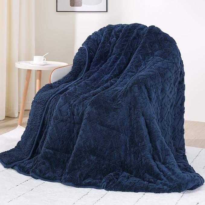 Drewin 20lbs Weighted Blanket Queen Size for Adults,Navy Blue,60" x 80" | Stress Relief & Promotes Sleep,Cozy Heavy Throw Blankets,Soft Jacquard Sherpa with Glass Beads,Machine Washable