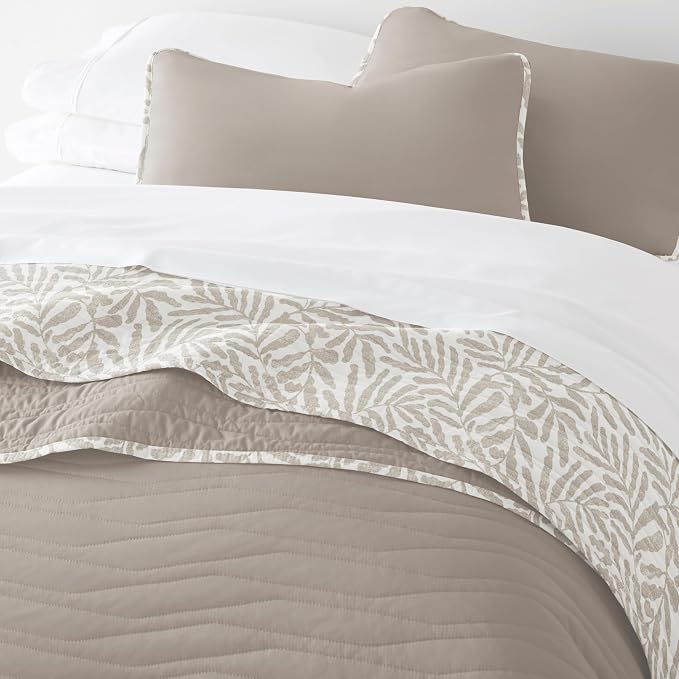 Merit Linens 3 Piece Quilt Set - Super Soft - Lightweight - All Season Quilted Coverlet - Floral Patterns - Full/Queen Taupe