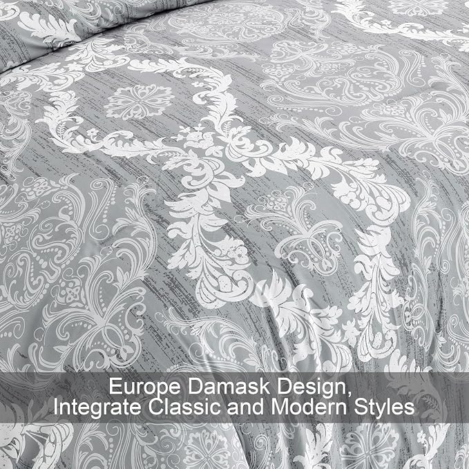 WONGS BEDDING Grey Comforter Set Queen Size, Damask Texture 7 Pieces Gray Bed in a Bag Microfiber Boho Comforter Bedding Sheet Set with Comforter, Flat Sheet, Fitted Sheet,Pillow Shams,Pillowcases