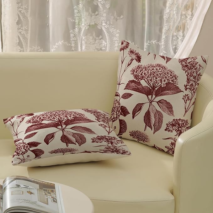 Burgundy Red Pillow Covers 16x16 Inch 2 Pcs Boho Vintage Floral Decor Throw Pillows Hydrangea Flower Seasonal Outdoor Farmhouse Neutral Accent Decoration Pillowcase Linen Cushion Cover for Sofa