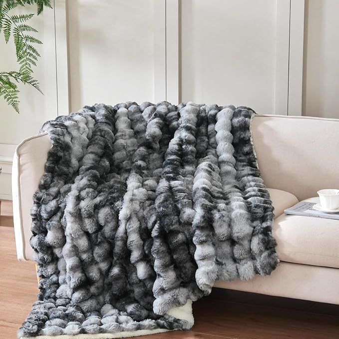 60x80 Inches Ultra-Soft Fuzzy Faux Fur Plush Twin Size Blanket - Thick, Warm Sherpa for Couch, Sofa, Bedroom, Camping - Decorative Blanket for Cozy Warmth, Bubble Light Grey Tie Dye