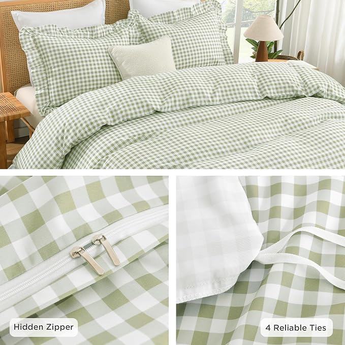 Andency Sage Gingham Duvet Cover King, Ruffle Shabby Chic Bedding Set 3 Pcs | Farmhouse Soft Pre-Washed Polyester Comforter Cover with Zipper Closure & Corner Ties, 104x90Inch