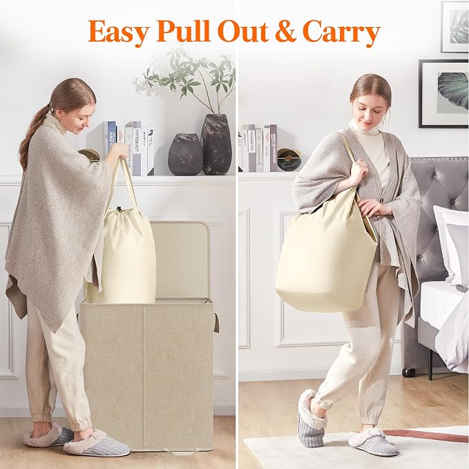 Lifewit Double Laundry Hamper with Lid and Removable Laundry Bags, Large Collapsible 2 Dividers Dirty Clothes Basket with Handles for Bedroom Laundry Room Closet Bathroom College, 155L Beige