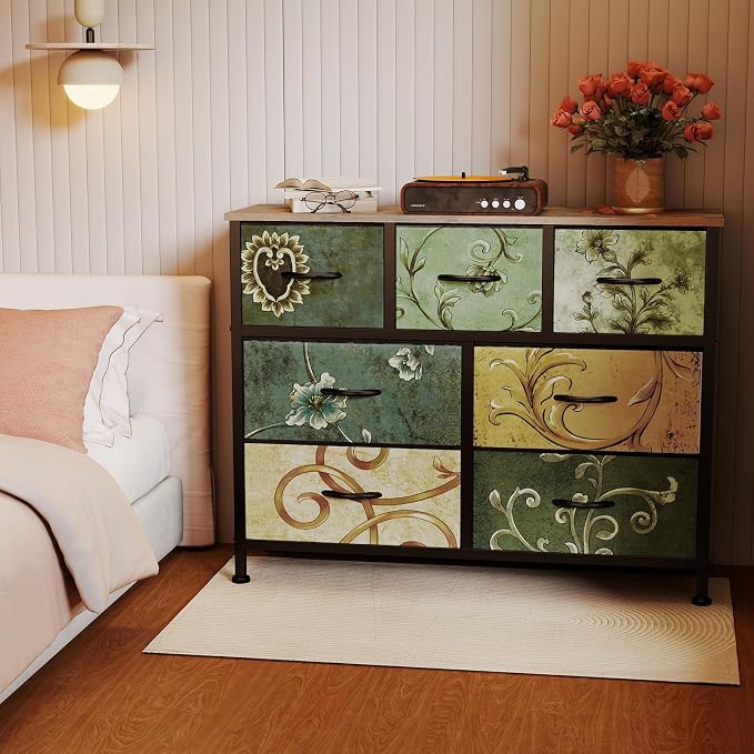 OLIXIS 7 Drawer Fabric Dresser, Storage Tower for Bedroom and Closet | Easy-Pull Bins for Closet Organizers, Chest of Drawers with Sturdy Steel Frame & Wooden Top for Living Room, Entryway, Floral
