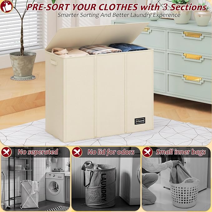 175L Laundry Hamper 3 Section,Large Laundry Hamper with Lid,Dirty Clothes Hamper with 3 Inner Bags,Collapsible Laundry Basket Organizer for Laundry Room,Bedroom,Laundry Sorter Hamper 3 Compartment