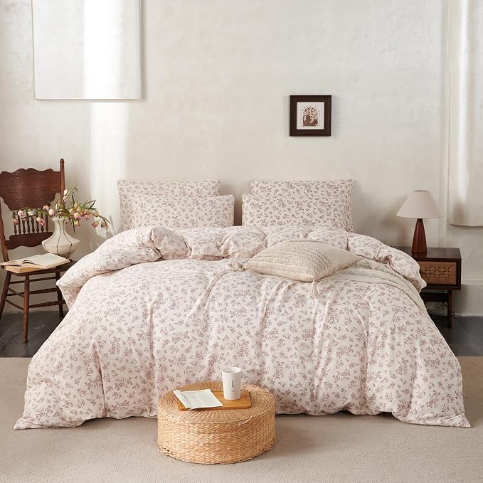 Floral Queen Size Comforter Set Soft 3 Pieces Chic Garden Style Vintage Floral Print Botanical Comforter for All Seasons Luxury Warmth Comfy Breathable with 2 Pillowcases
