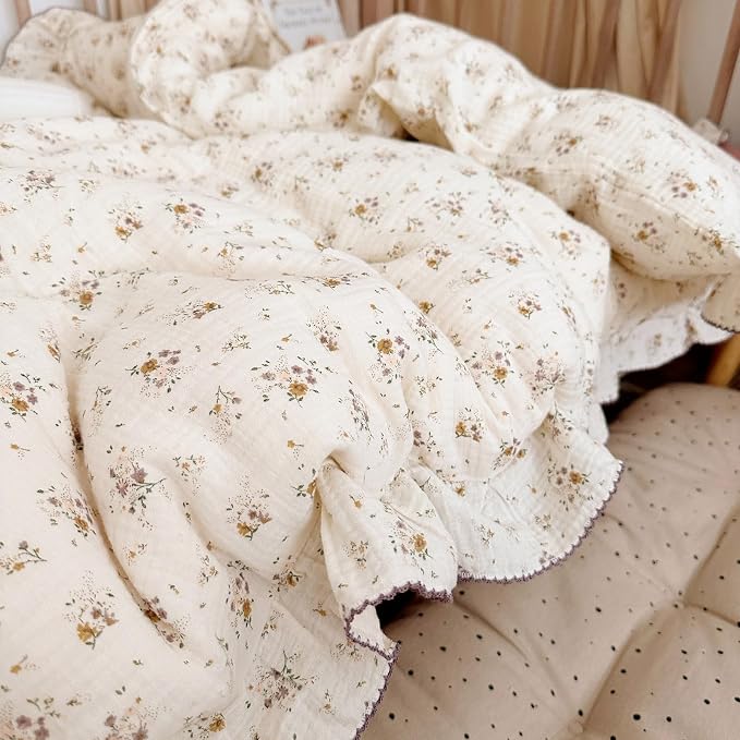 Muslin Cotton Kids Duvet Cover Twin Size, 68"x86", Shabby Chic Crape Flower Design Girls Quilt Cover Vintage Princess Style Bedding Ruffled Comforter Cover Floral Print, No Pillowcase