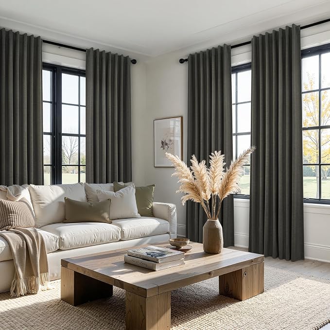 Topfinel 72 Inch Total Blackout Curtains for Bedroom Heat Blocking Linen Blended Energy Efficient Insulated Modern Farmhouse Cabin Closet Dark Grey Bay Windows Drapes 2 Panels Set Back Tab Hook Rings