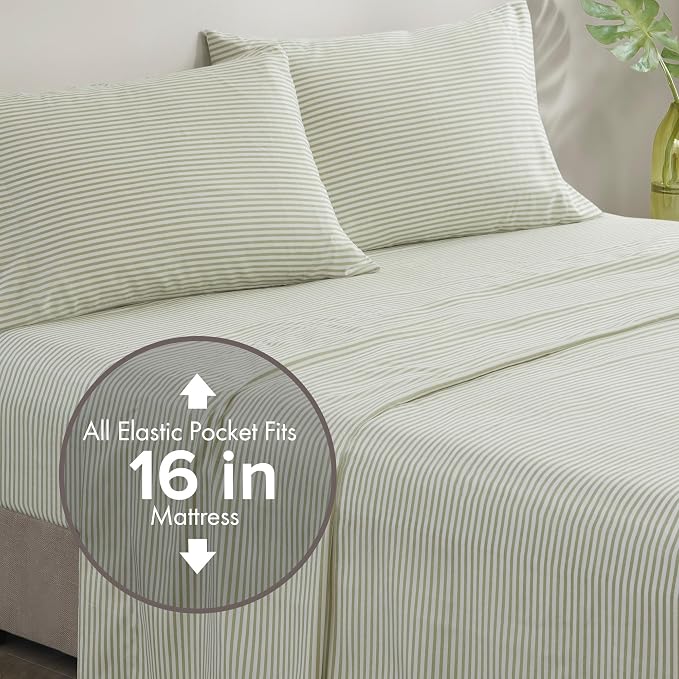 Madison Park Essentials Jaxon Queen Comforter Set, Bed in A Bag Comforter & Sheet Set, Modern Casual Stripes Print, All Seasons, Soft Bedding Makeover, Matching Sham, Queen Green/Grey 7 Piece