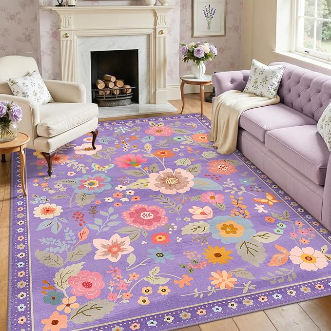 RELEANY Floral Washable 5x8 Area Rugs Purple/Pink | Flower Carpet, Print, Boho, Non-Slip, Easy to Clean, Soft, Low Pile for Living Room Bedroom Kitchen Office Entryway Hallway
